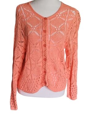 JEANNE PIERRE Coral Openwork Crochet Button-Front Cardigan